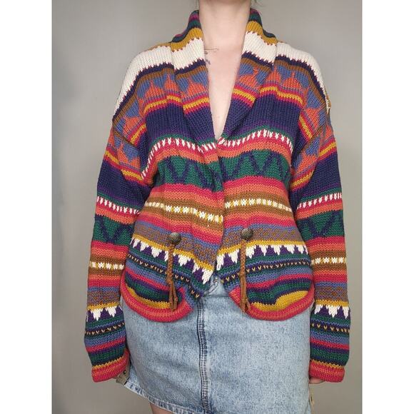 Vtg 80s Southwestern Concho Geometric Knit Colorful Rainbow Boho Sweater Sz L - Picture 2 of 9